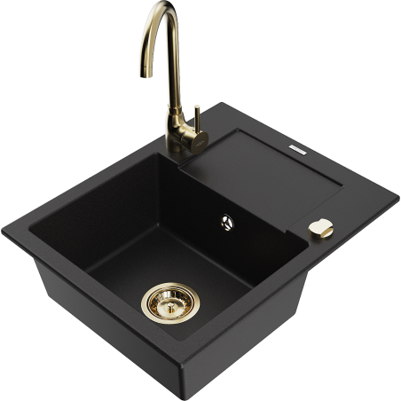 Mexen Enzo 1-compartment granite sink with a drip tray and kitchen mixer tap Telma, Black - 6506-77-670200-50