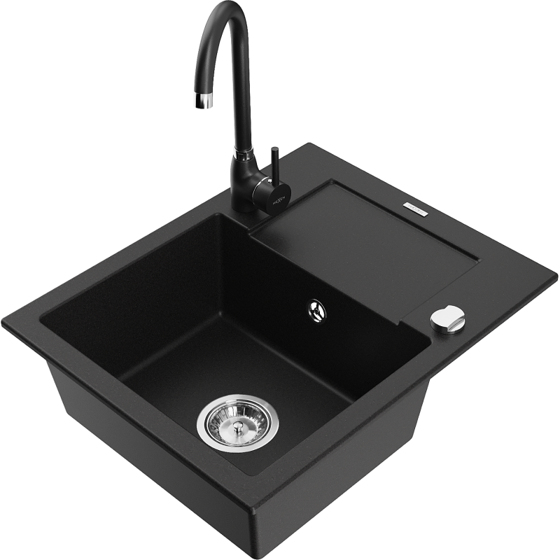 Mexen Enzo 1-bowl granite sink with drainer and Telma kitchen tap, black - 6506-77-670200-70