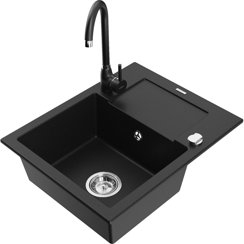 Mexen Enzo granite kitchen sink with drainer and Telma kitchen faucet, black - 6506-77-670200-70