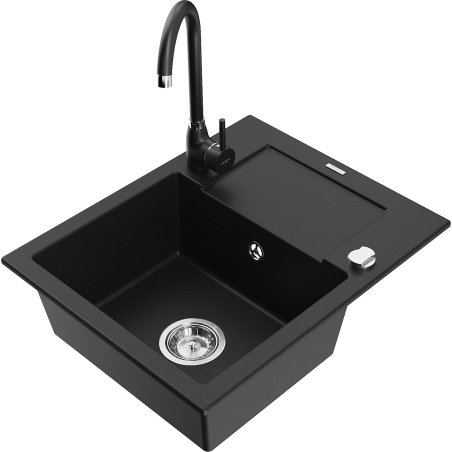 Mexen Enzo granite kitchen sink with drainer and Telma kitchen faucet, black - 6506-77-670200-70