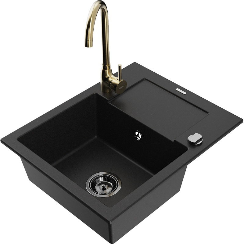 Mexen Enzo 1-bowl granite sink with drainer and Telma kitchen faucet, black - 6506-77-670200-50-B