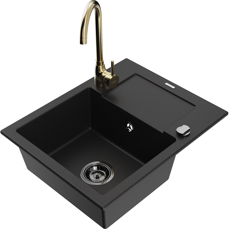 Mexen Enzo granite kitchen sink 1-bowl with drainer and Telma kitchen tap, black - 6506-77-670200-50-B