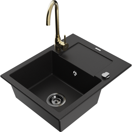 Mexen Enzo 1-bowl granite sink with drainer and Telma kitchen faucet, black - 6506-77-670200-50-B