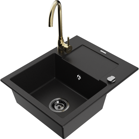 Mexen Enzo granite kitchen sink 1-bowl with drainer and Telma kitchen tap, black - 6506-77-670200-50-B