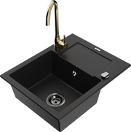 Mexen Enzo granite sink 1-bowl with drainer and kitchen faucet Telma, black - 6506-77-670200-50-B