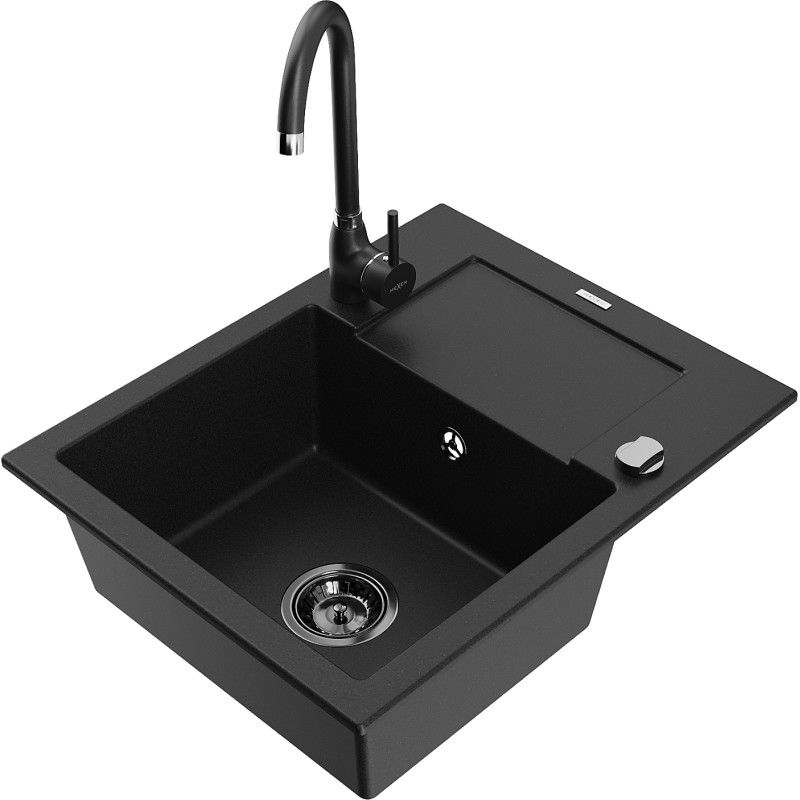 Mexen Enzo 1-bowl granite sink with drainer and Telma kitchen faucet, black - 6506-77-670200-70-B
