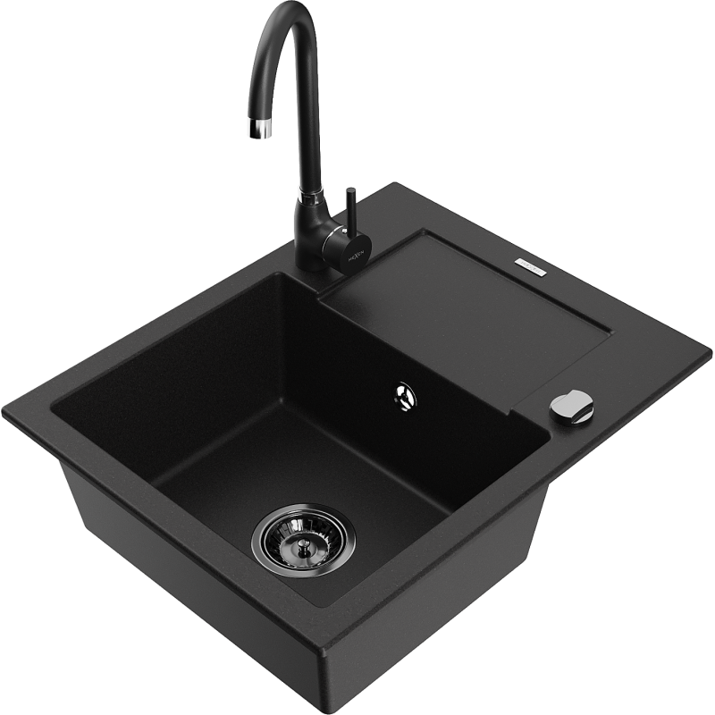 Mexen Enzo 1-compartment granite sink with a drip tray and kitchen mixer tap Telma, Black - 6506-77-670200-70-B