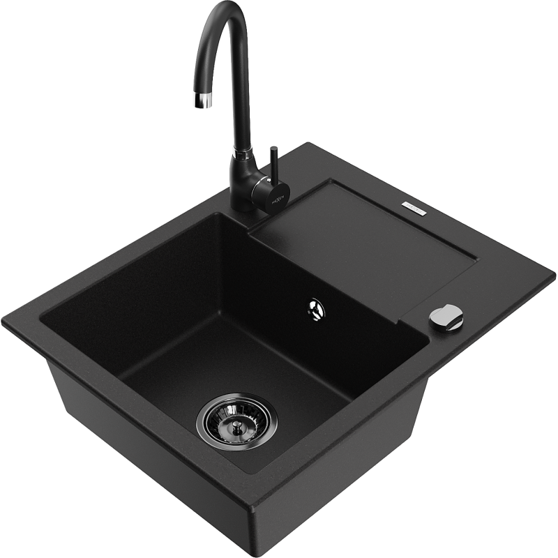 Mexen Enzo granite sink 1-bowl with drainer and Telma kitchen tap, black - 6506-77-670200-70-B