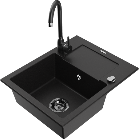 Mexen Enzo granite kitchen sink with single bowl, drainer, and kitchen faucet Telma, black - 6506-77-670200-70-B