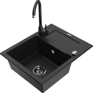 Mexen Enzo 1-compartment granite sink with a drip tray and kitchen mixer tap Telma, Black - 6506-77-670200-70-B