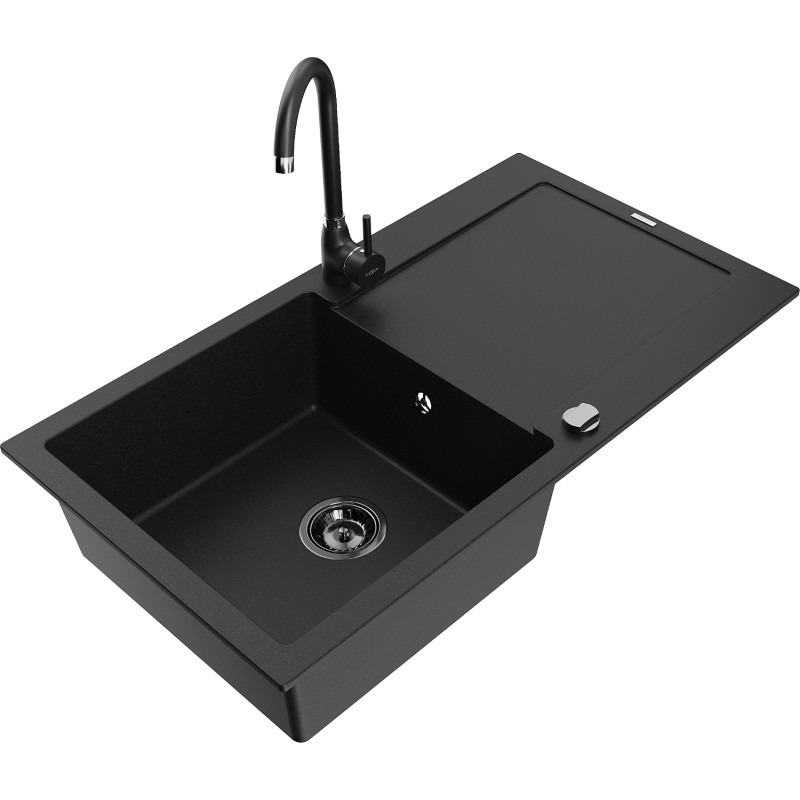Mexen Leo 1-bowl granite kitchen sink with drainer and Telma faucet, black - 6501-77-670200-70-B