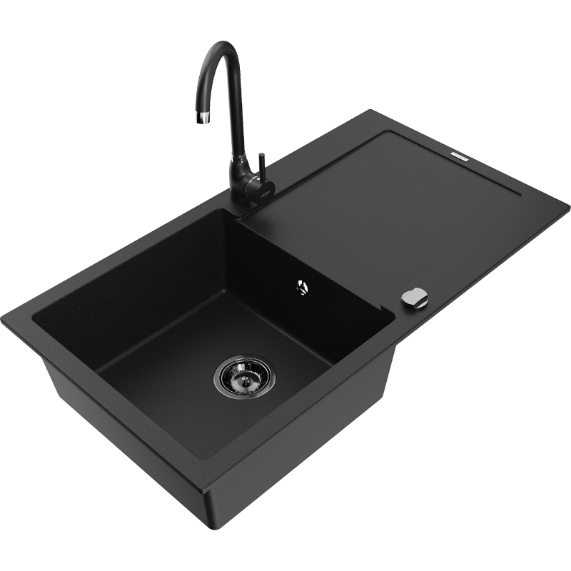 Mexen Leo 1-compartment granite sink with a drip tray and kitchen mixer tap Telma, Black - 6501-77-670200-70-B