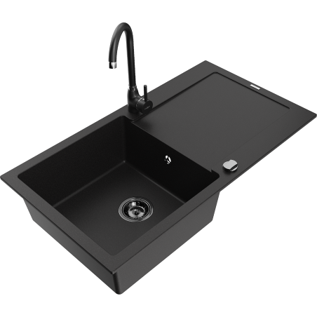 Mexen Leo 1-bowl granite kitchen sink with drainer and Telma faucet, black - 6501-77-670200-70-B