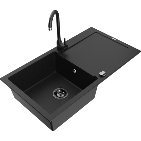 Mexen Leo Telma 1-bowl granite sink with drainer and kitchen faucet, black - 6501-77-670200-70-B