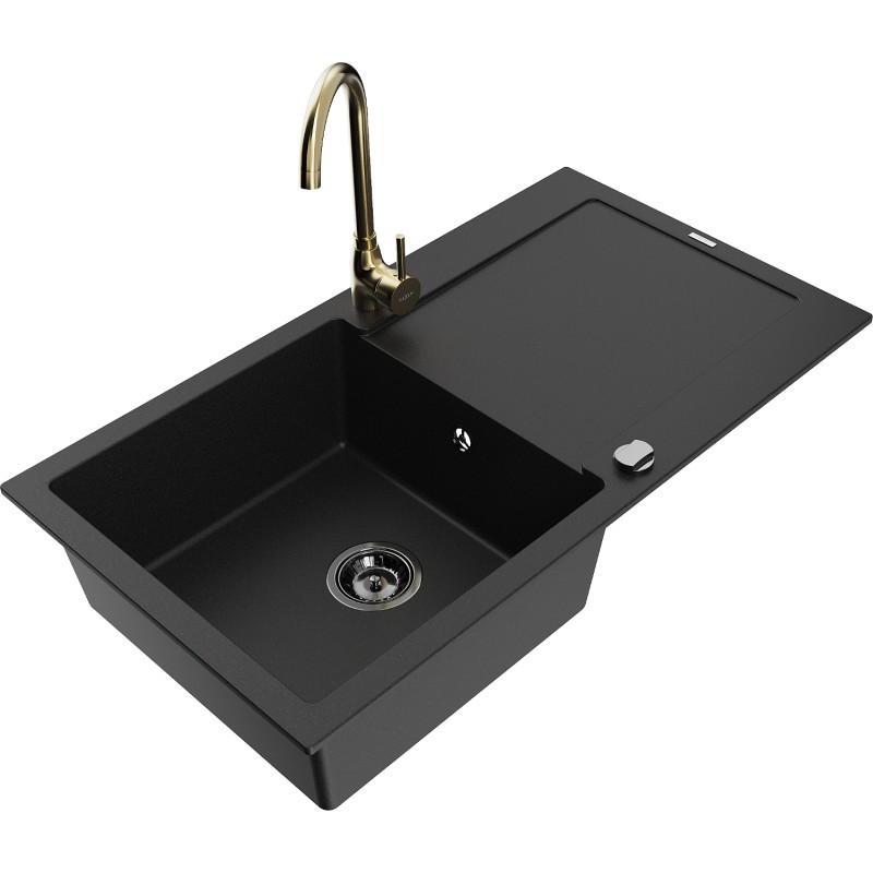 Mexen Leo 1-bowl granite sink with drainer and Telma kitchen faucet, black - 6501-77-670200-50-B