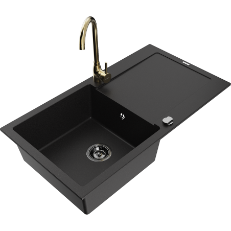 Mexen Leo granite kitchen sink single-bowl with drainer and Telma kitchen faucet, black - 6501-77-670200-50-B
