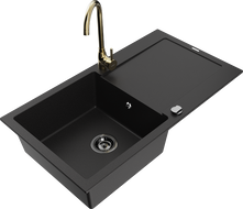 Mexen Leo 1-bowl granite sink with drainer and Telma kitchen faucet, black - 6501-77-670200-50-B