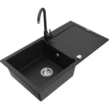 Mexen Leo granite kitchen sink 1-bowl with drainer and kitchen faucet Telma, black - 6501-77-670200-70