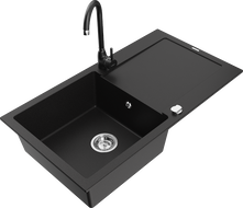 Mexen Leo 1-compartment granite sink with a drip tray and kitchen mixer tap Telma, Black - 6501-77-670200-70