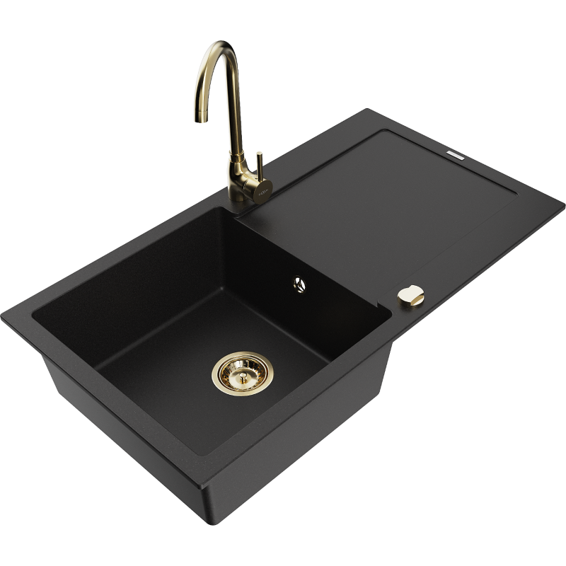 Mexen Leo 1-compartment granite sink with a drip tray and kitchen mixer tap Telma, Black - 6501-77-670200-50