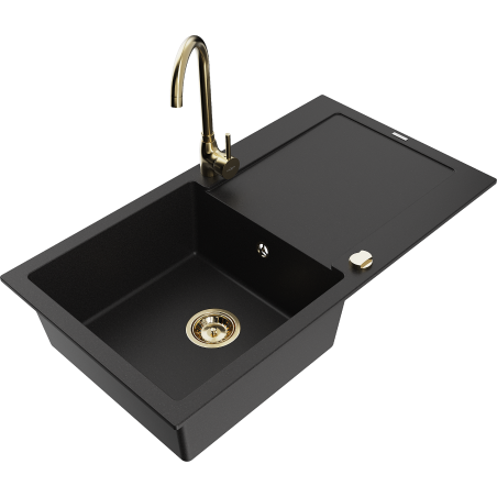 Mexen Leo 1-bowl granite sink with drainer and Telma kitchen tap, black - 6501-77-670200-50