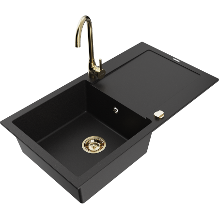 Mexen Leo granite kitchen sink single bowl with drainer and kitchen faucet Telma, black - 6501-77-670200-50