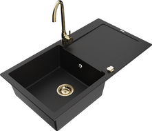 Mexen Leo granite kitchen sink single bowl with drainer and kitchen faucet Telma, black - 6501-77-670200-50