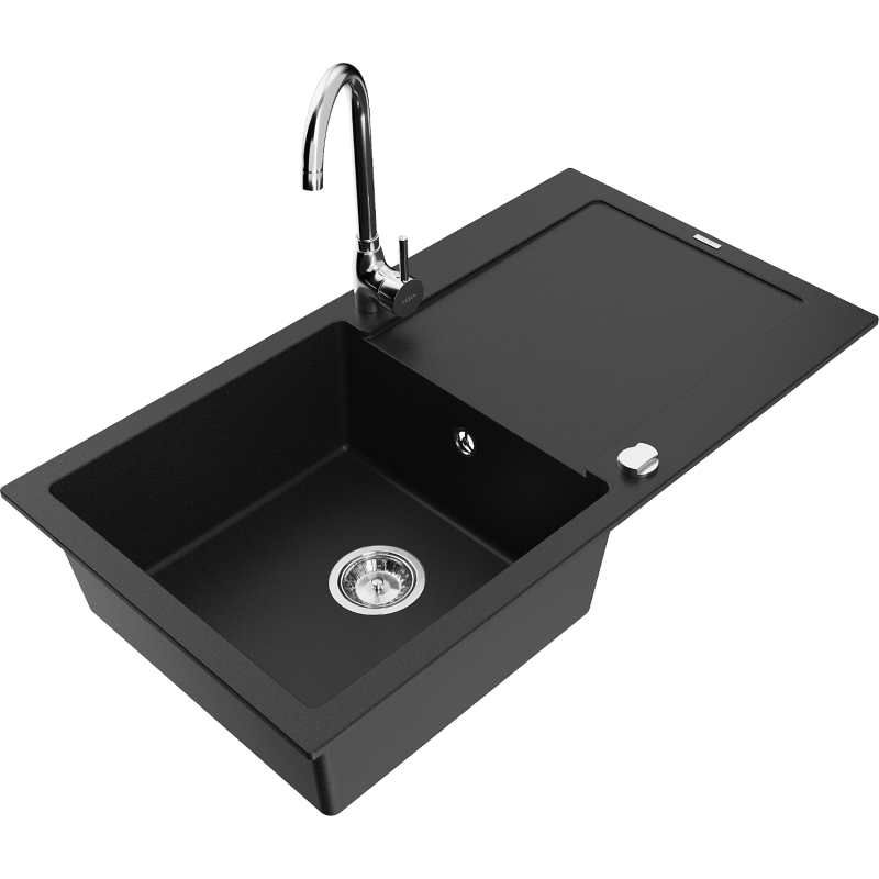 Mexen Leo 1-compartment granite sink with a drip tray and kitchen mixer tap Telma, Black - 6501-77-670200-00