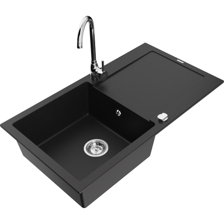 Mexen Leo granite sink 1-bowl with drainer and Telma kitchen tap, black - 6501-77-670200-00