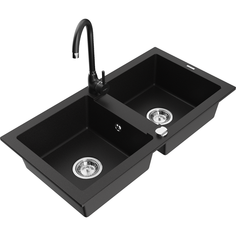 Mexen Mario granite double-bowl sink with Telma kitchen faucet, black - 6504-77-670200-70
