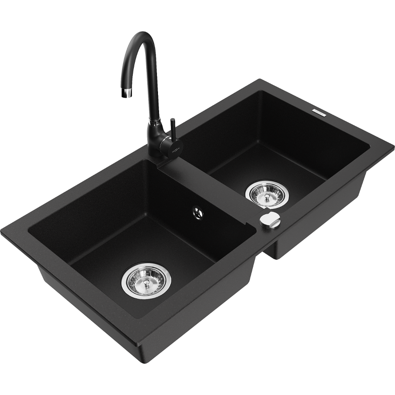 Mexen Mario granite sink 2-chamber with Telma kitchen tap, black - 6504-77-670200-70