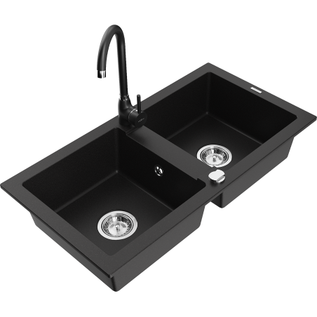 Mexen Mario granite double-bowl sink with Telma kitchen faucet, black - 6504-77-670200-70