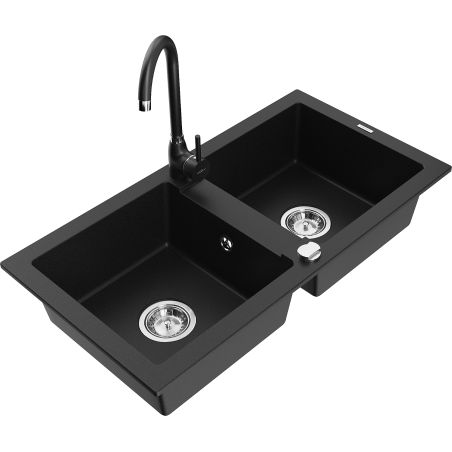 Mexen Mario granite sink 2-chamber with Telma kitchen tap, black - 6504-77-670200-70