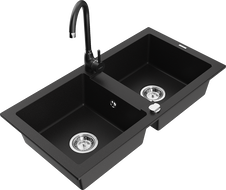 Mexen Mario 2-compartment granite sink with a kitchen mixer tap Telma, Black - 6504-77-670200-70