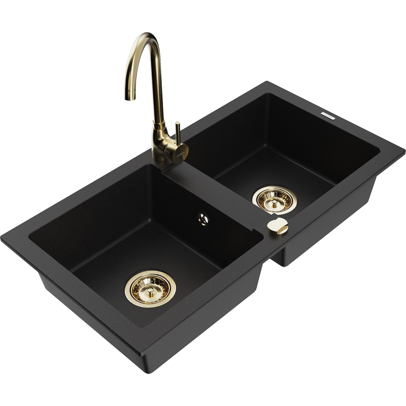 Mexen Mario granite sink 2-bowl with Telma kitchen tap, black - 6504-77-670200-50