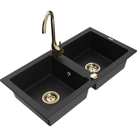 Mexen Mario granite double-bowl sink with kitchen faucet Telma, black - 6504-77-670200-50
