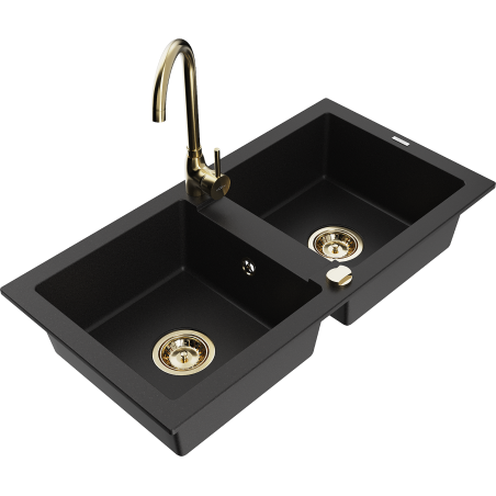 Mexen Mario granite sink 2-bowl with Telma kitchen tap, black - 6504-77-670200-50