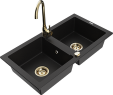 Mexen Mario granite double-bowl sink with kitchen faucet Telma, black - 6504-77-670200-50