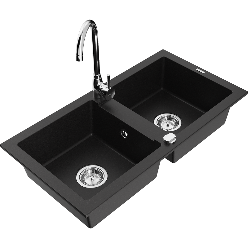 Mexen Mario granite sink 2-bowl with Telma kitchen tap, black - 6504-77-670200-00