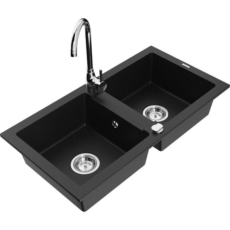 Mexen Mario Telma Double-Basin Granite Sink with Kitchen Faucet, Black - 6504-77-670200-00