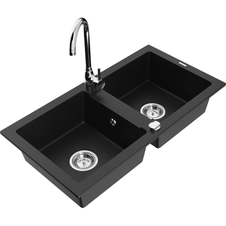 Mexen Mario 2-compartment granite sink with a kitchen mixer tap Telma, Black - 6504-77-670200-00