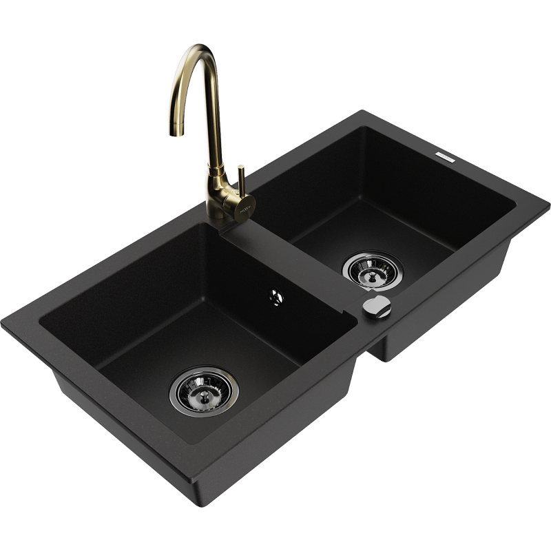 Mexen Mario 2-compartment granite sink with a kitchen mixer tap Telma, Black - 6504-77-670200-50-B