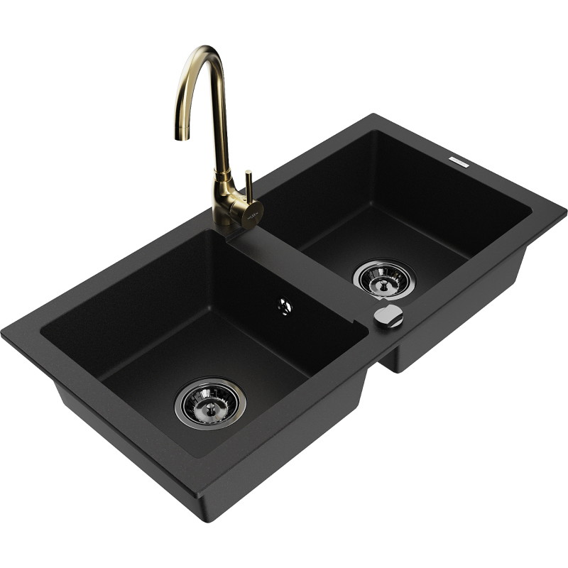 Mexen Mario granite 2-bowl kitchen sink with Telma faucet, black - 6504-77-670200-50-B