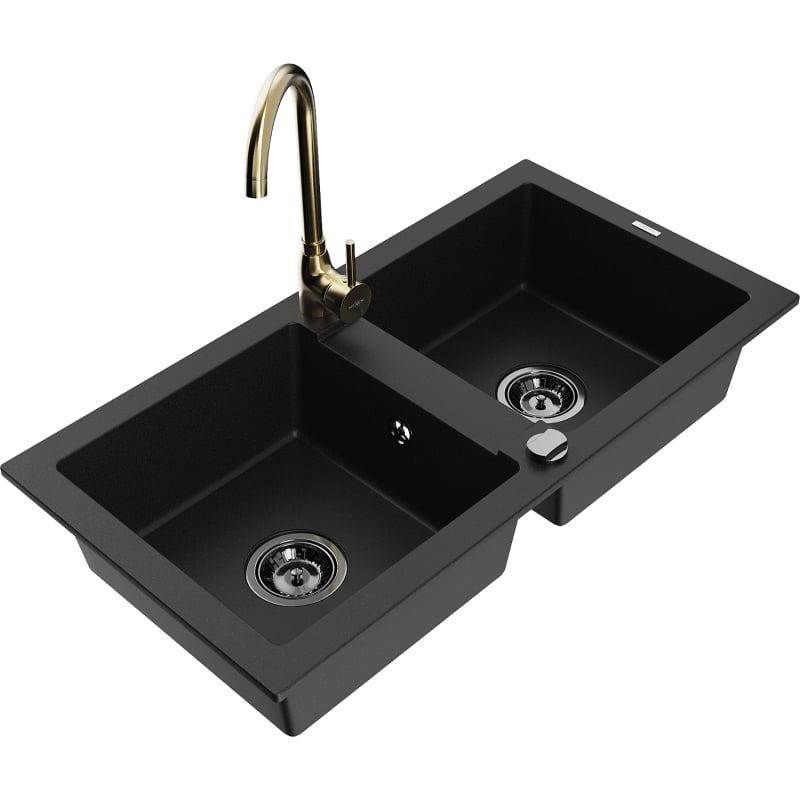 Mexen Mario granite kitchen sink 2-chamber with Telma faucet, black - 6504-77-670200-50-B