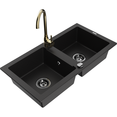 Mexen Mario granite 2-bowl kitchen sink with Telma faucet, black - 6504-77-670200-50-B