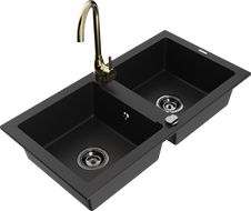 Mexen Mario granite 2-bowl kitchen sink with Telma faucet, black - 6504-77-670200-50-B