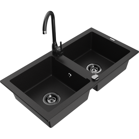 Mexen Mario granite double-bowl kitchen sink with Telma faucet, black - 6504-77-670200-70-B