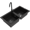 Mexen Mario granite double-bowl sink with Telma kitchen faucet, black - 6504-77-670200-70-B