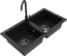 Mexen Mario granite sink 2-bowl with Telma kitchen tap, black - 6504-77-670200-70-B