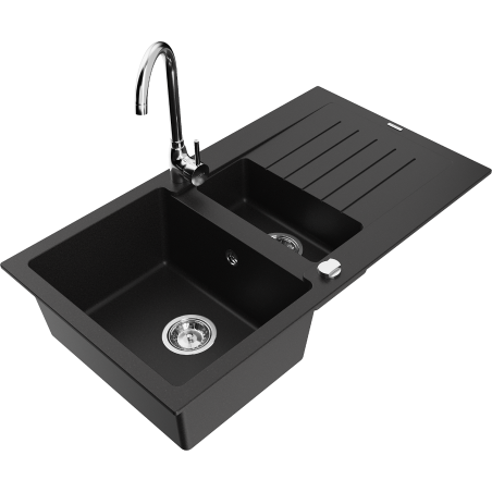 Mexen Matias 1.5-compartment granite sink with a drip tray and kitchen mixer tap Telma, Black - 6502-77-670200-00